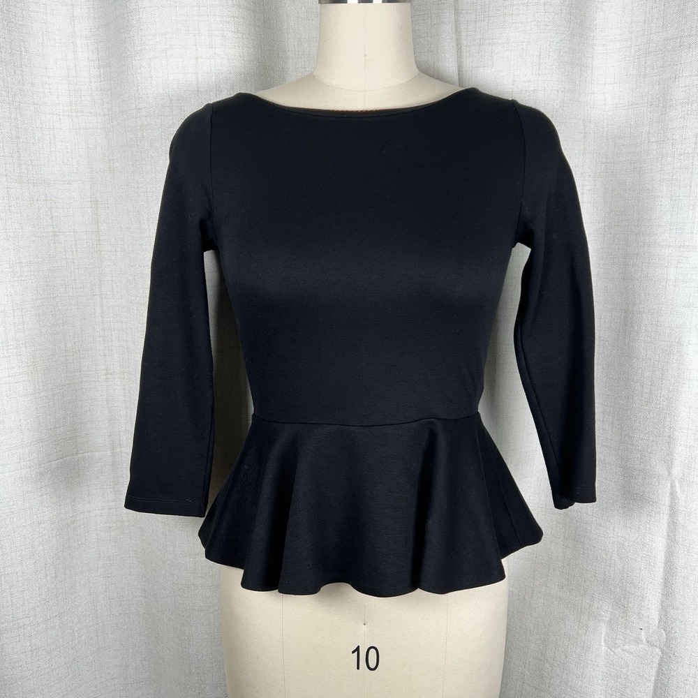 Alice‎ + Olivia Employed Regina Peplum Ponte Top Black XS Zip Up Boat Neck